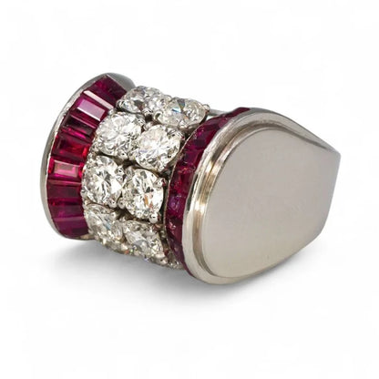 Vintage Retro 1940s Diamond and Ruby Tank Ring