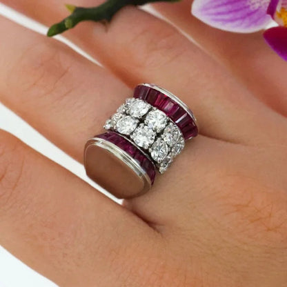 Vintage Retro 1940s Diamond and Ruby Tank Ring