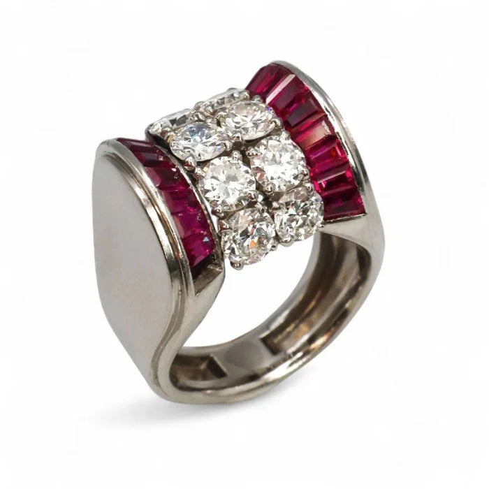 Vintage Retro 1940s Diamond and Ruby Tank Ring