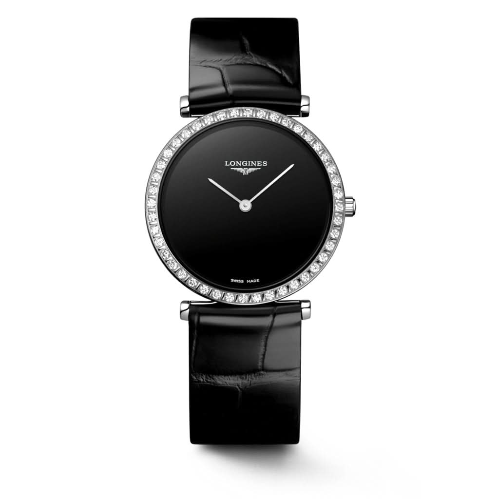 LA GRANDE CLASSIQUE DE LONGINES stainless steel watch with black dial, diamond set bezel and black leather strap L4.523.0.50.2
