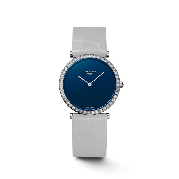 LA GRANDE CLASSIQUE DE LONGINES Steel Quartz Watch on White Strap with blue dial and diamond bezel L4.523.0.90.2