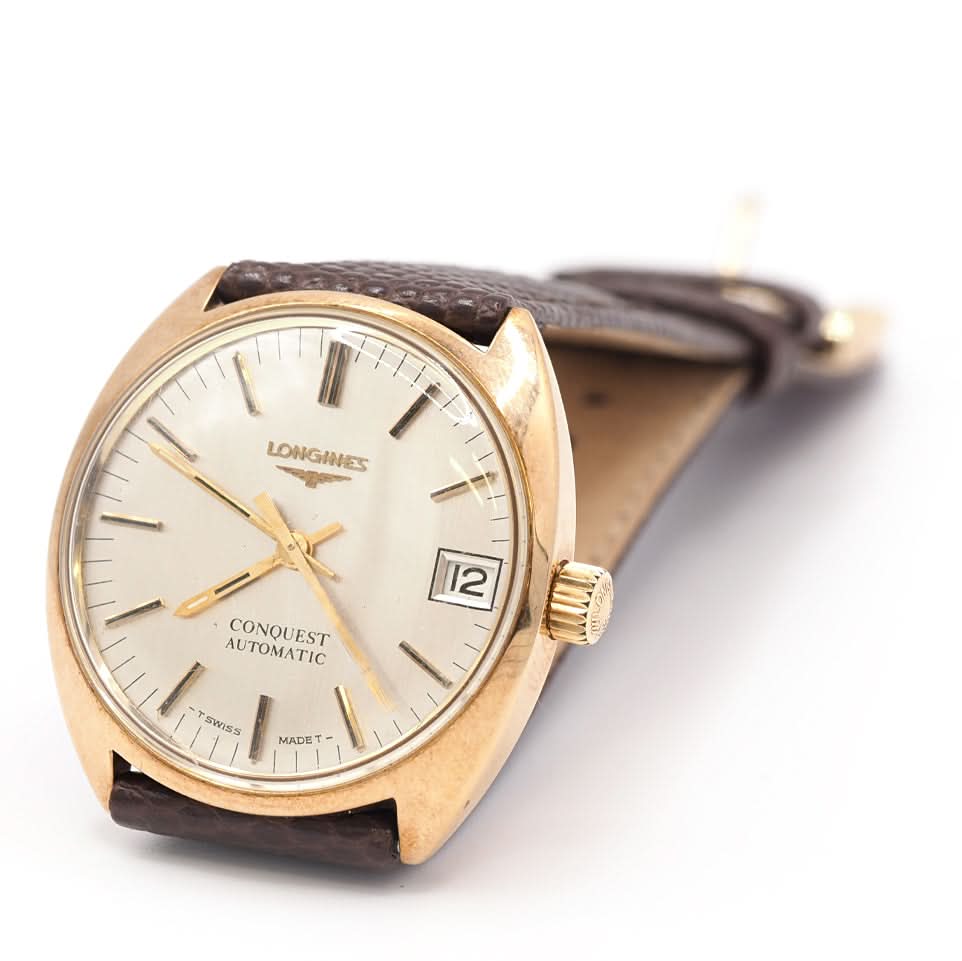 Longines Conquest Automatic Yellow Gold Watch on Brown Leather Strap, date window