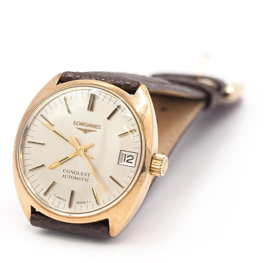 Longines Conquest Automatic Yellow Gold Watch on Brown Leather Strap, date window