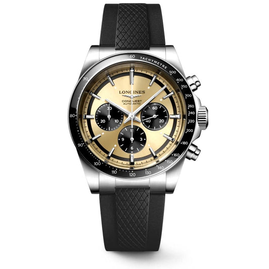 Longines CONQUEST CHRONOGRAPH stainless steel watch on black rubber strap L38354329