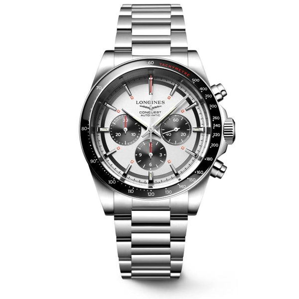LONGINES CONQUEST CHRONOGRAPH Stainless Steel Watch with silver dial and black bezel L38354726
