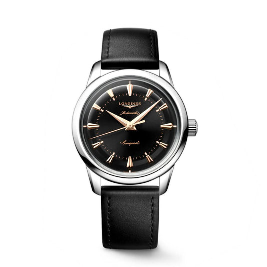 LONGINES CONQUEST HERITAGE Automatic Stainless Steel Watch with black dial and black leather strap L16494522