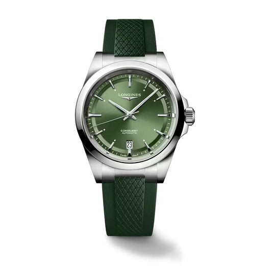 A Longines stainless steel watch with green dial and green rubber strap