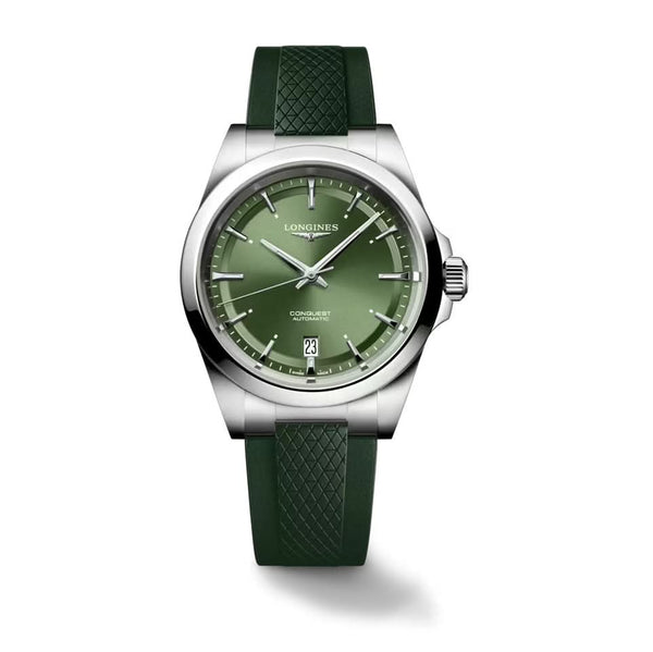 A Longines stainless steel watch with green dial and green rubber strap
