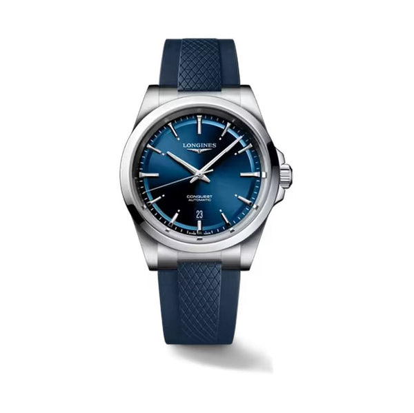 A stainless steel Longines watch with blue dial and blue rubber strap