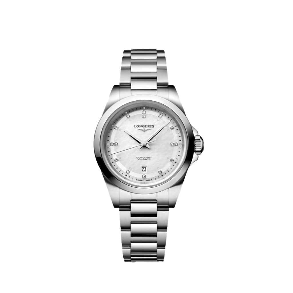 LONGINES CONQUEST stainless steel watch with mother of pearl diamond dot dial L33204876