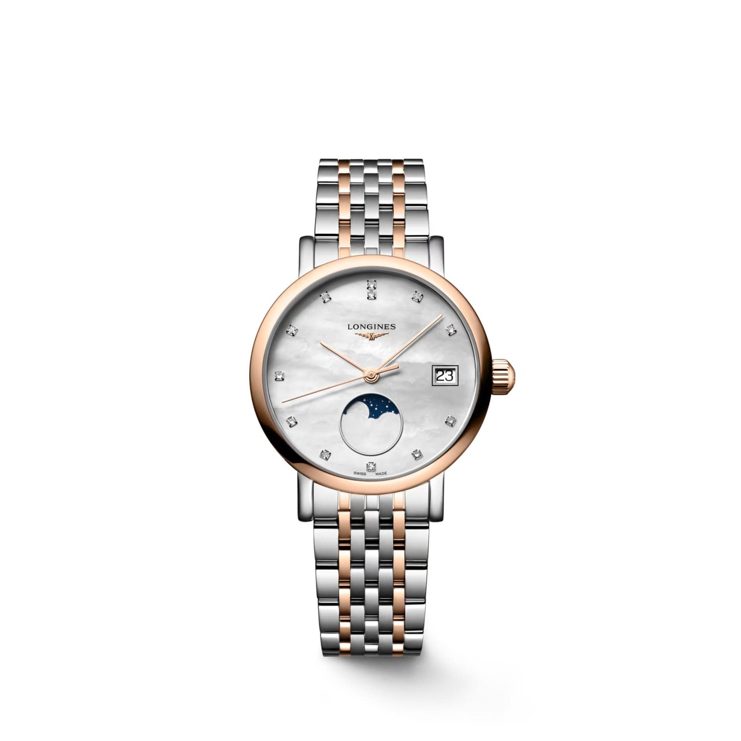 LONGINES ELEGANT 18ct Rose Gold-Plated and Steel Quartz Watch with mother of pearl moonphase diamond dot dial L4.330.5.87.7