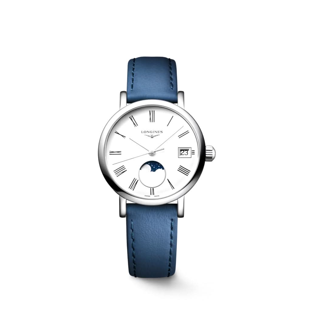 LONGINES ELEGANT COLLECTION MOONPHASE stainless steel watch with white dial and blue leather strap L43304112
