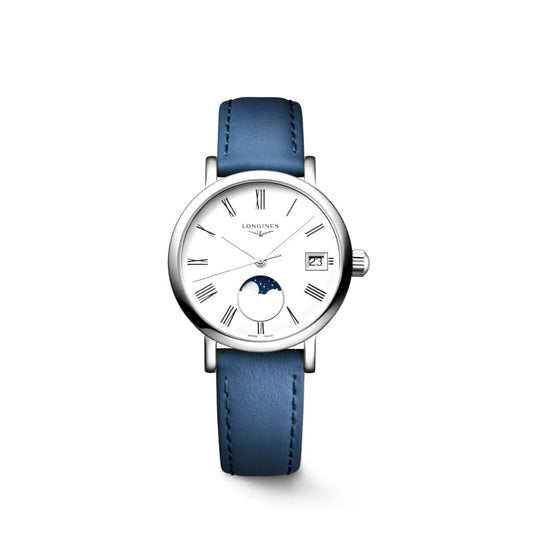 LONGINES ELEGANT COLLECTION MOONPHASE stainless steel watch with white dial and blue leather strap L43304112