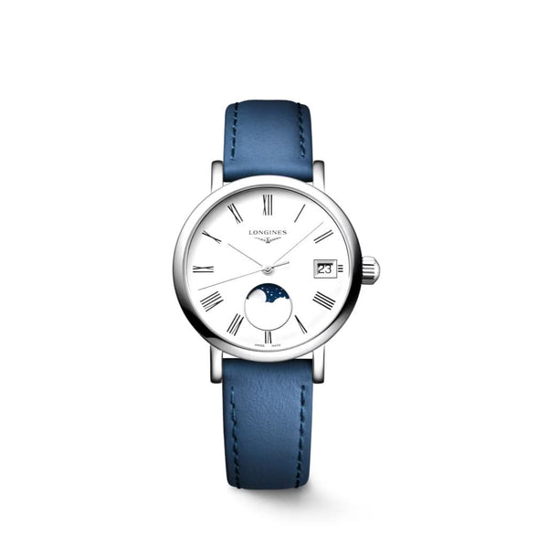 LONGINES ELEGANT COLLECTION MOONPHASE stainless steel watch with white dial and blue leather strap L43304112