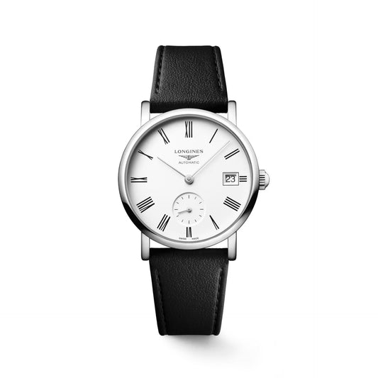 LONGINES ELEGANT Steel Automatic Watch on Black Faux Leather Strap L4.312.4.11.0 with a white dial and date window
