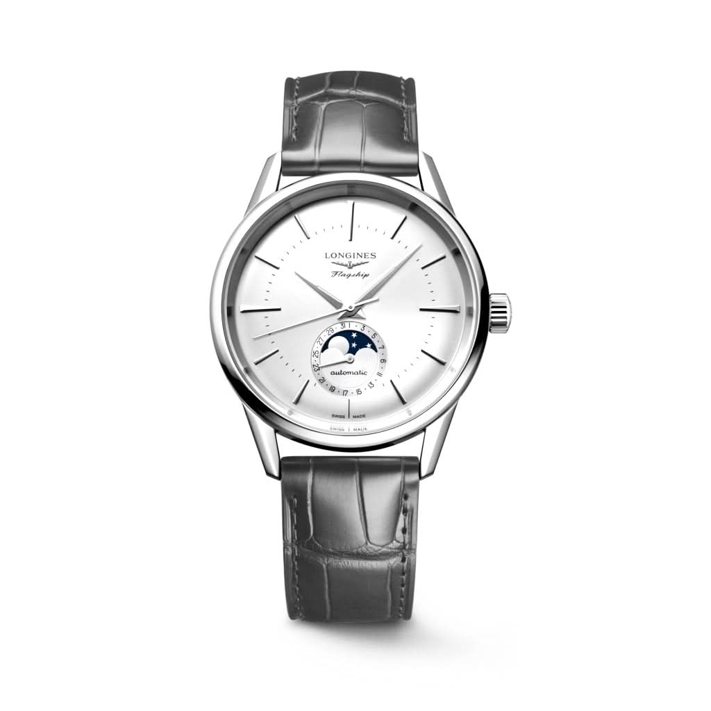 Longines FLAGSHIP HERITAGE Automatic Stainless Steel Moonphase Watch with Grey Leather Strap L4.815.4.72.2