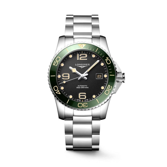 Longines HYDROCONQUEST Automatic Stainless Steel Watch with Black Dial and Green Bezel L3.781.4.05.6