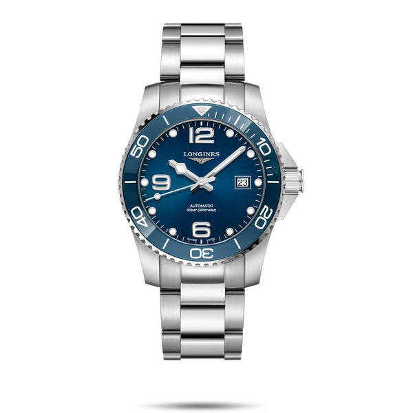 LONGINES HYDROCONQUEST Stainless Steel Automatic Date Watch L3.780.4.96.6 with a blue bezel and dial