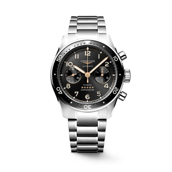 Longines SPIRIT FLYBACK Automatic Stainless Steel Watch with Black Dial and Black Bezel L3.821.4.53.6