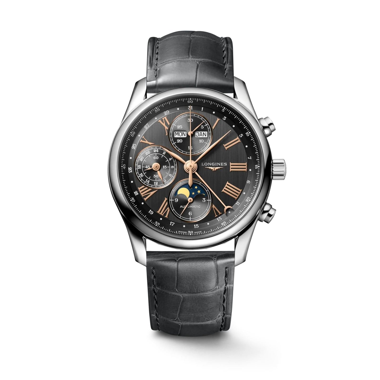 Longines MASTER COLLECTION Automatic Gents Chronograph Stainless Steel Watch with Black Leather Strap L26734612