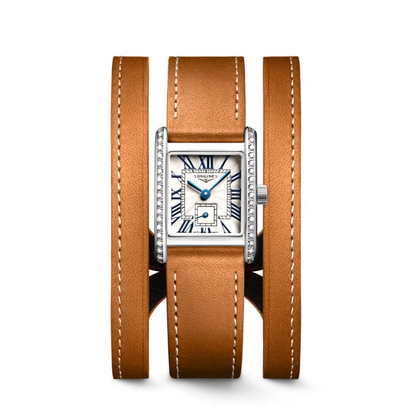 LONGINES MINI DOLCEVITA stainless steel watch with diamond case and brown leather strap L52000710