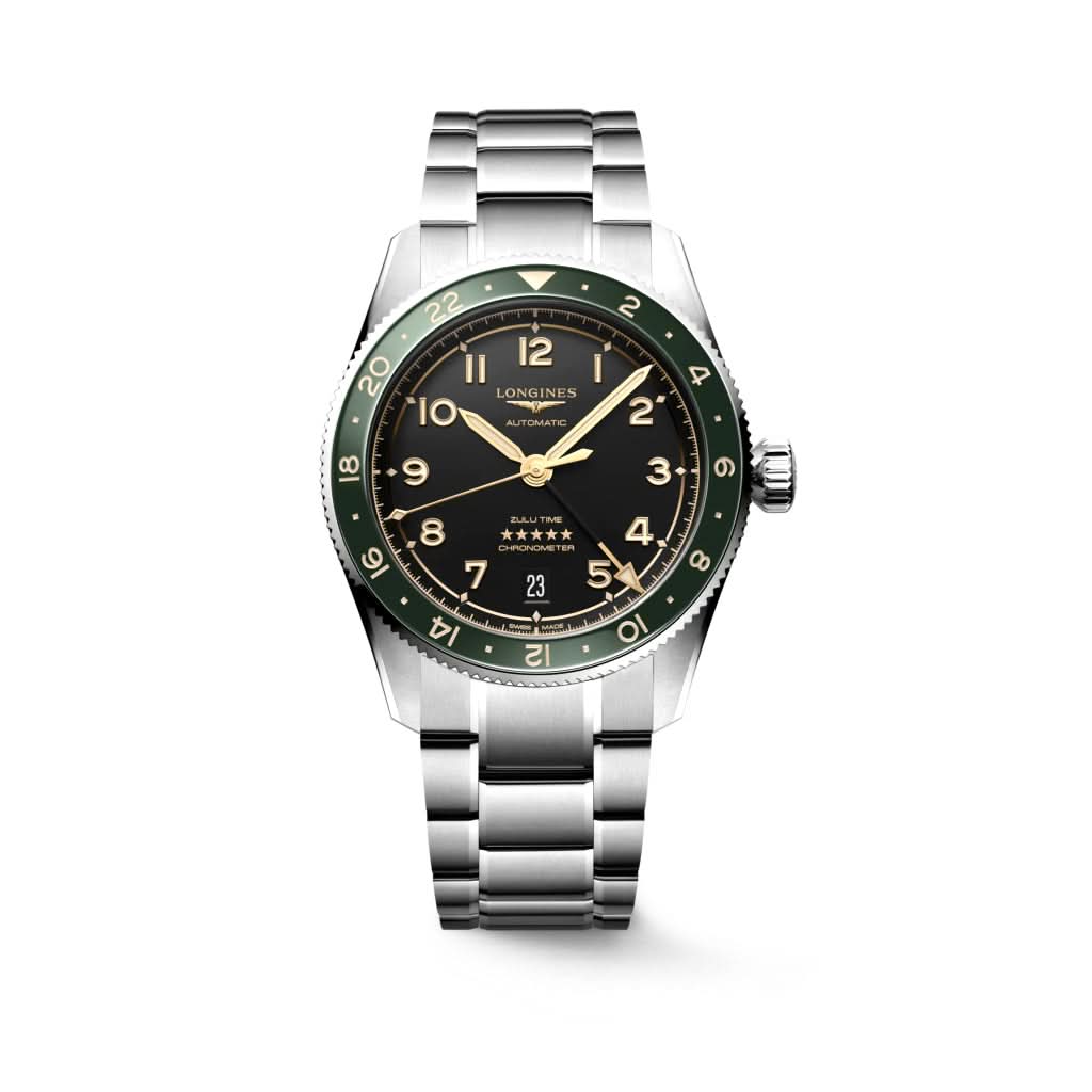 Longines SPIRIT ZULU TIME Automatic Stainless Steel Watch with Black Dial and Green Bezel L3.802.4.63.6