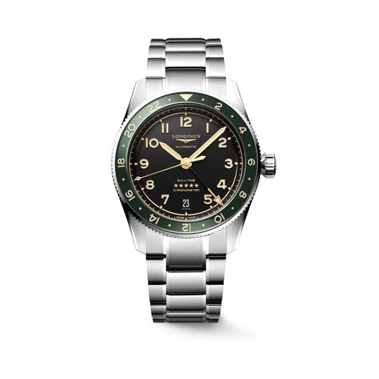 Longines SPIRIT ZULU TIME Automatic Stainless Steel Watch with Black Dial and Green Bezel L3.802.4.63.6