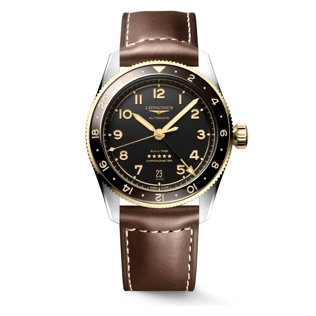 LONGINES SPIRIT ZULU TIME Automatic Stainless Steel Watch with black dial and brown leather strap L3.802.5.53.2