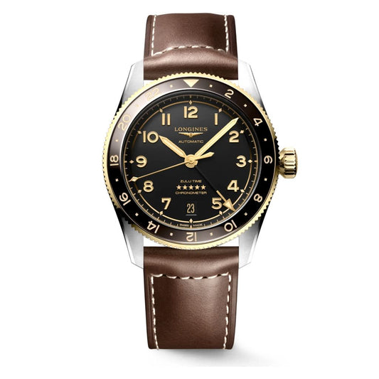 LONGINES SPIRIT ZULU TIME Automatic Stainless Steel Watch with black dial and brown leather strap L3.802.5.53.2