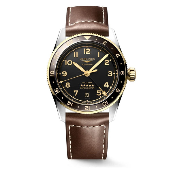 LONGINES SPIRIT ZULU TIME Automatic Stainless Steel Watch with black dial and brown leather strap L3.802.5.53.2