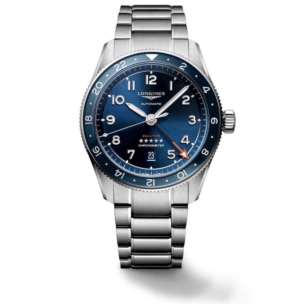 LONGINES SPIRIT ZULU TIME Automatic Stainless Steel Watch with blue dial and blue bezel L3.812.4.93.6