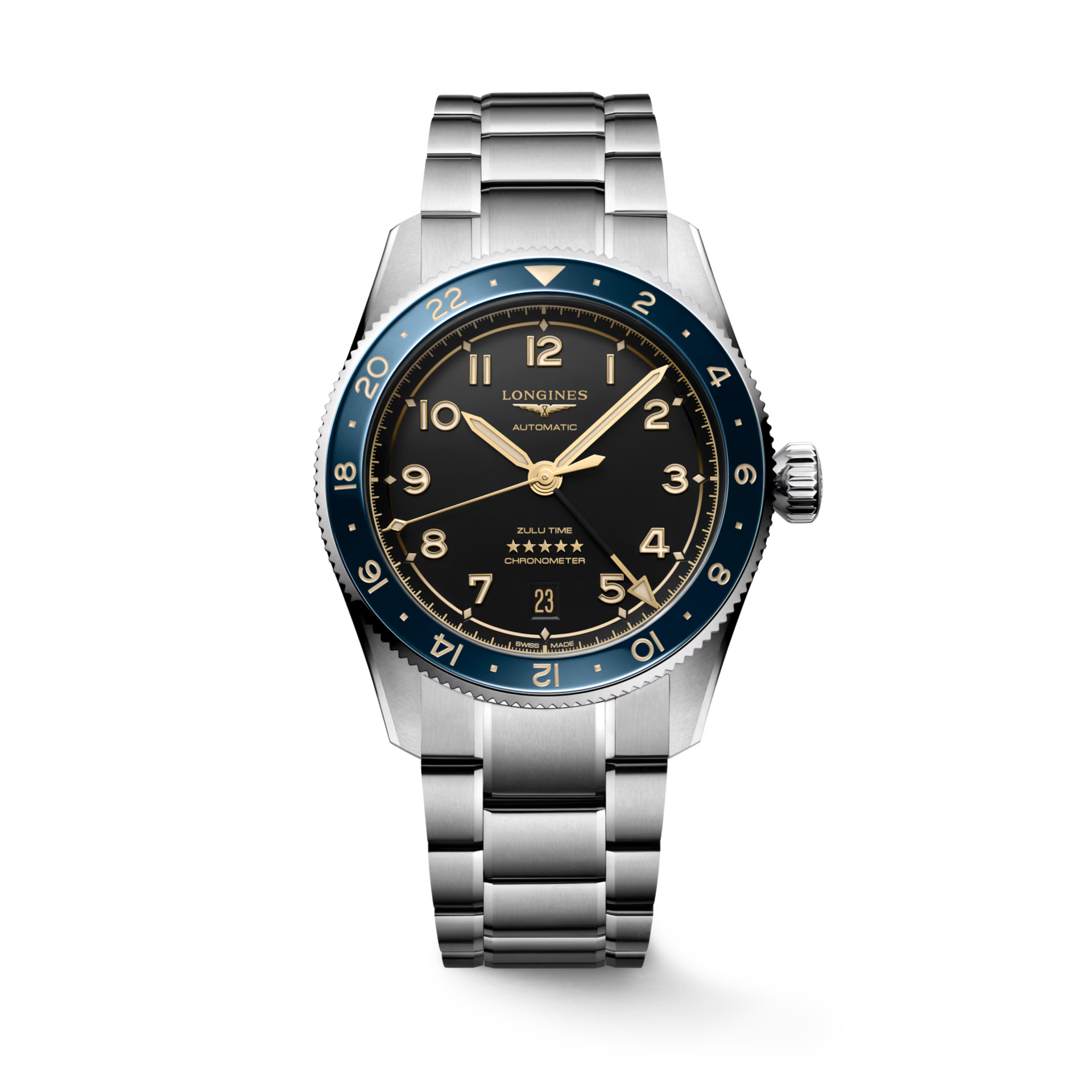 LONGINES SPIRIT ZULU TIME stainless steel wrist watch with black dial and dark coloured bezel L3.802.4.60.6