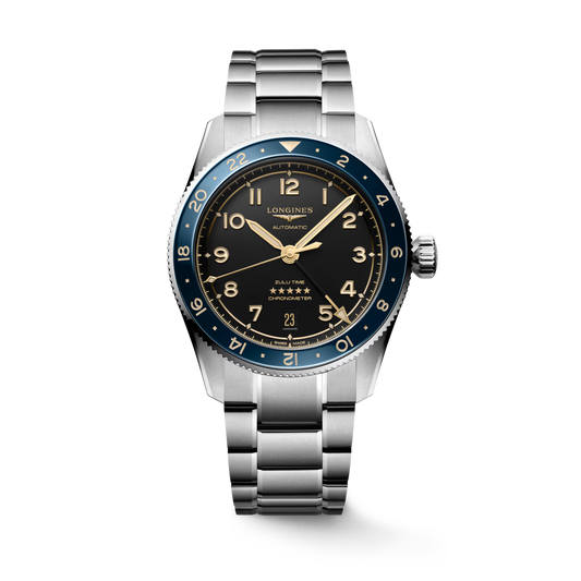 LONGINES SPIRIT ZULU TIME stainless steel wrist watch with black dial and dark coloured bezel L3.802.4.60.6