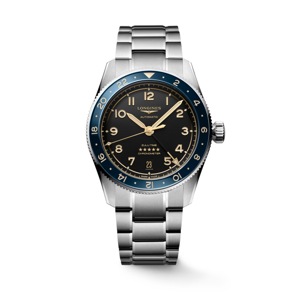 LONGINES SPIRIT ZULU TIME stainless steel wrist watch with black dial and dark coloured bezel L3.802.4.60.6
