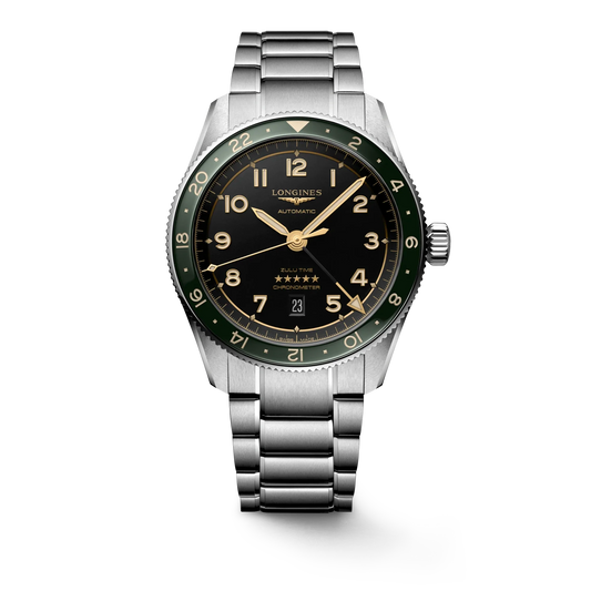 LONGINES SPIRIT ZULU TIME stainless steel watch with black dial and green bezel L38124636