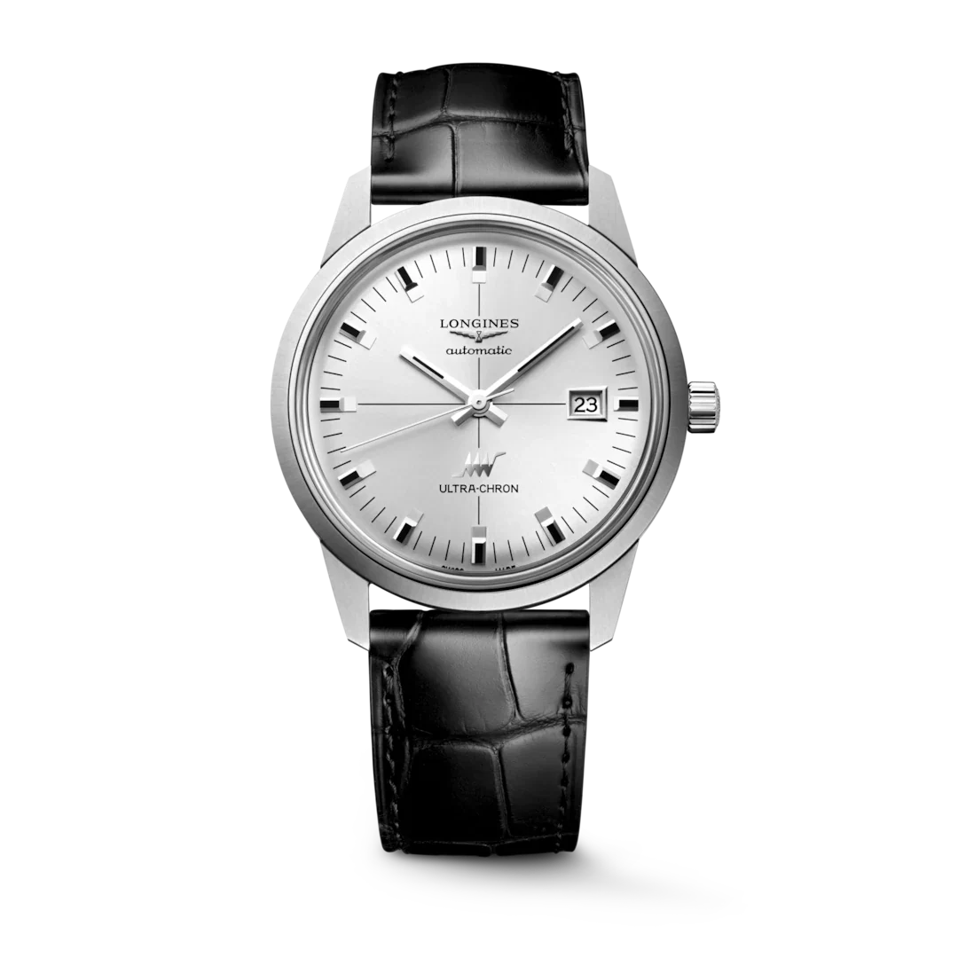Longines ULTRA-CHRON CLASSIC stainless steel wrist watch with black leather strap and silver dial L2.937.4.72.2