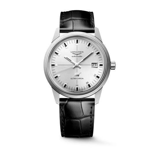 Longines ULTRA-CHRON CLASSIC stainless steel wrist watch with black leather strap and silver dial L2.937.4.72.2