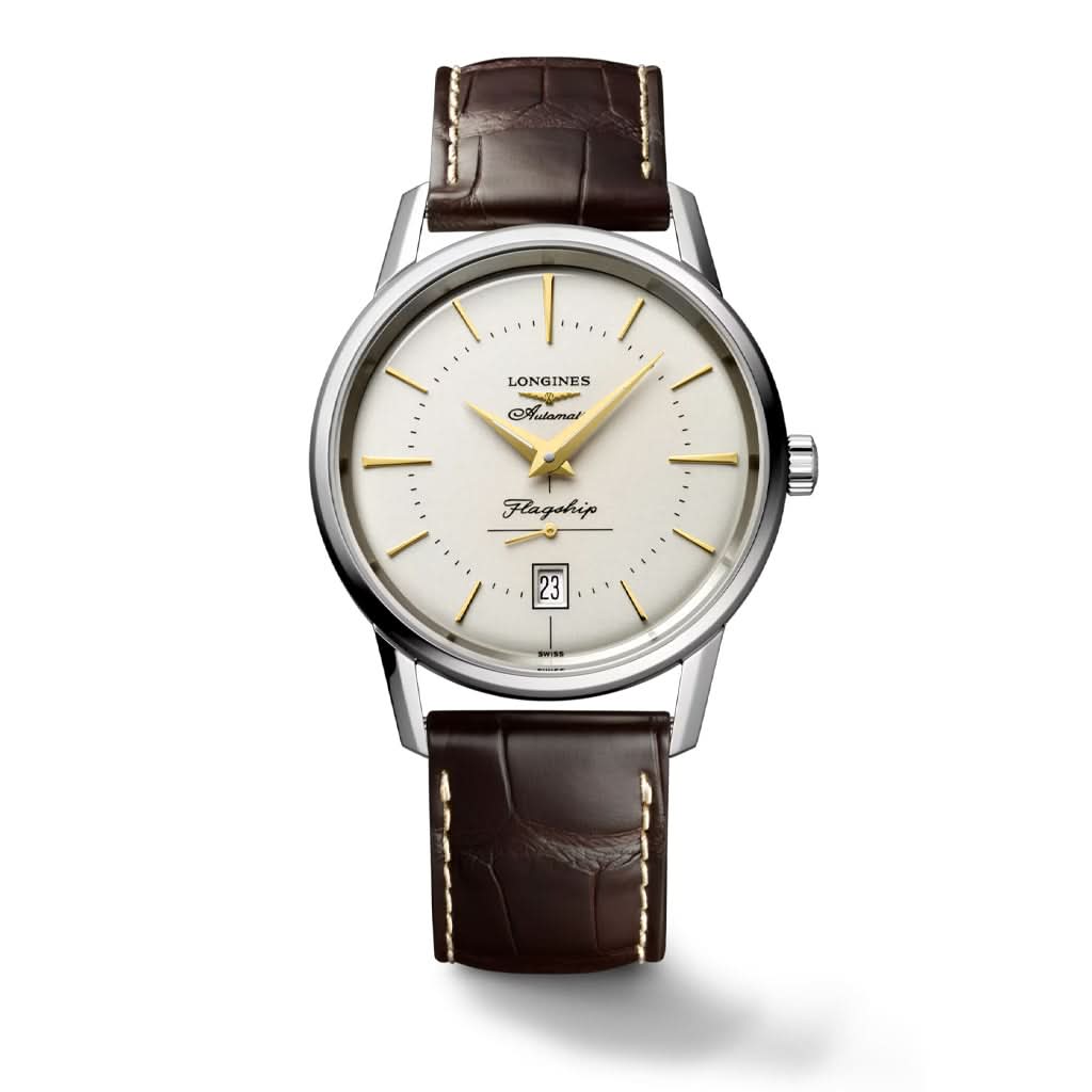 LONGINES FLAGSHIP HERITAGE Steel Gents Automatic Date Watch on brown leather strap L4.795.4.78.2