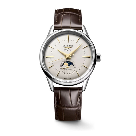 LONGINES FLAGSHIP Steel Gents Automatic Watch L48154782 with a moonphase dial and brown leather strap