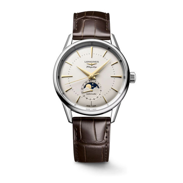LONGINES FLAGSHIP Steel Gents Automatic Watch L48154782 with a moonphase dial and brown leather strap