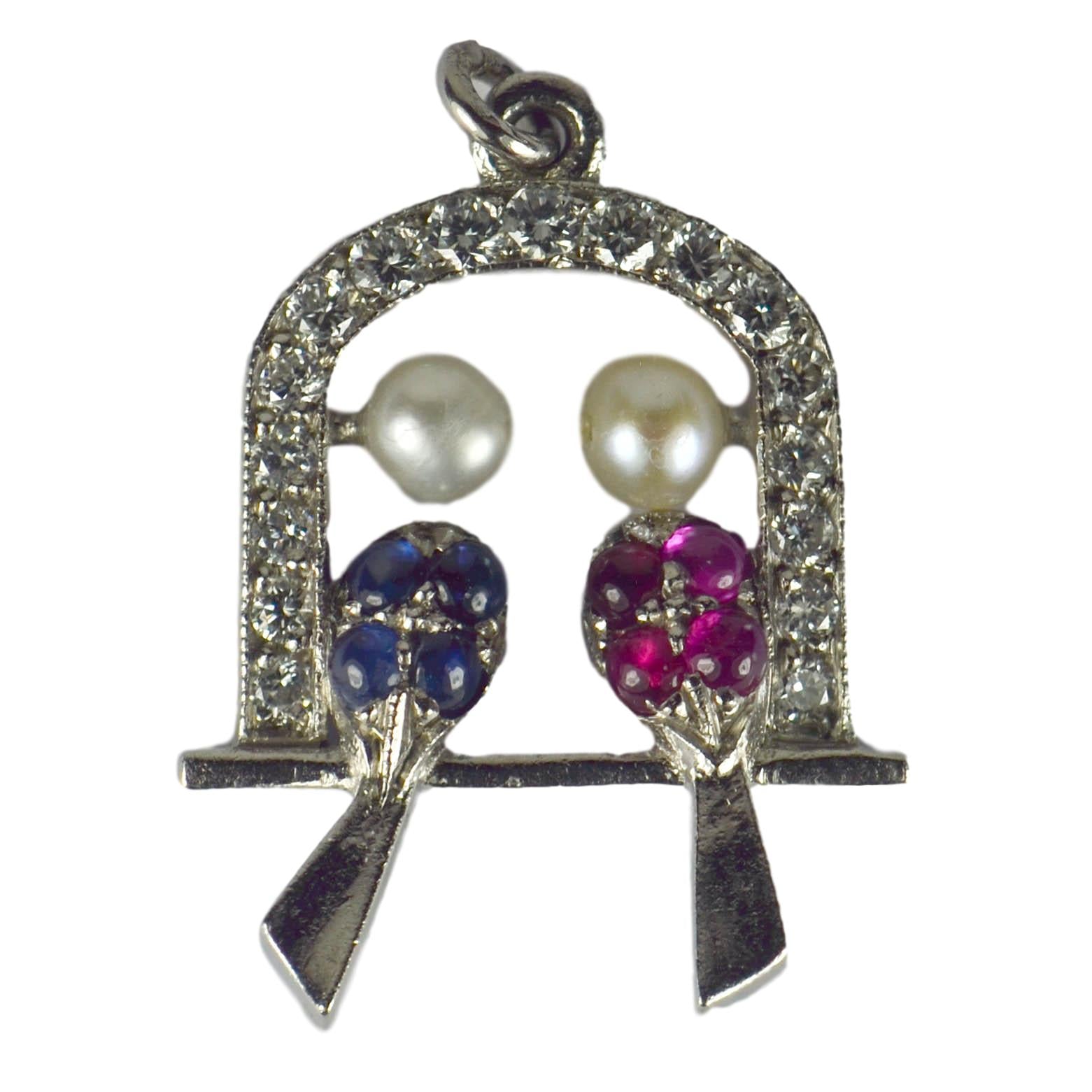 Art Deco Diamond, Sapphire, Ruby and Pearl Love Birds Charm Pendant