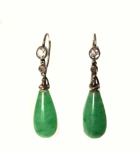 Antique Art Deco Jade Drop Earrings, Circa 1920's