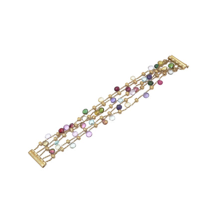A yellow gold five row multi-gemstone bracelet