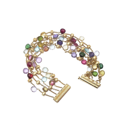 A yellow gold five row multi-gemstone bracelet