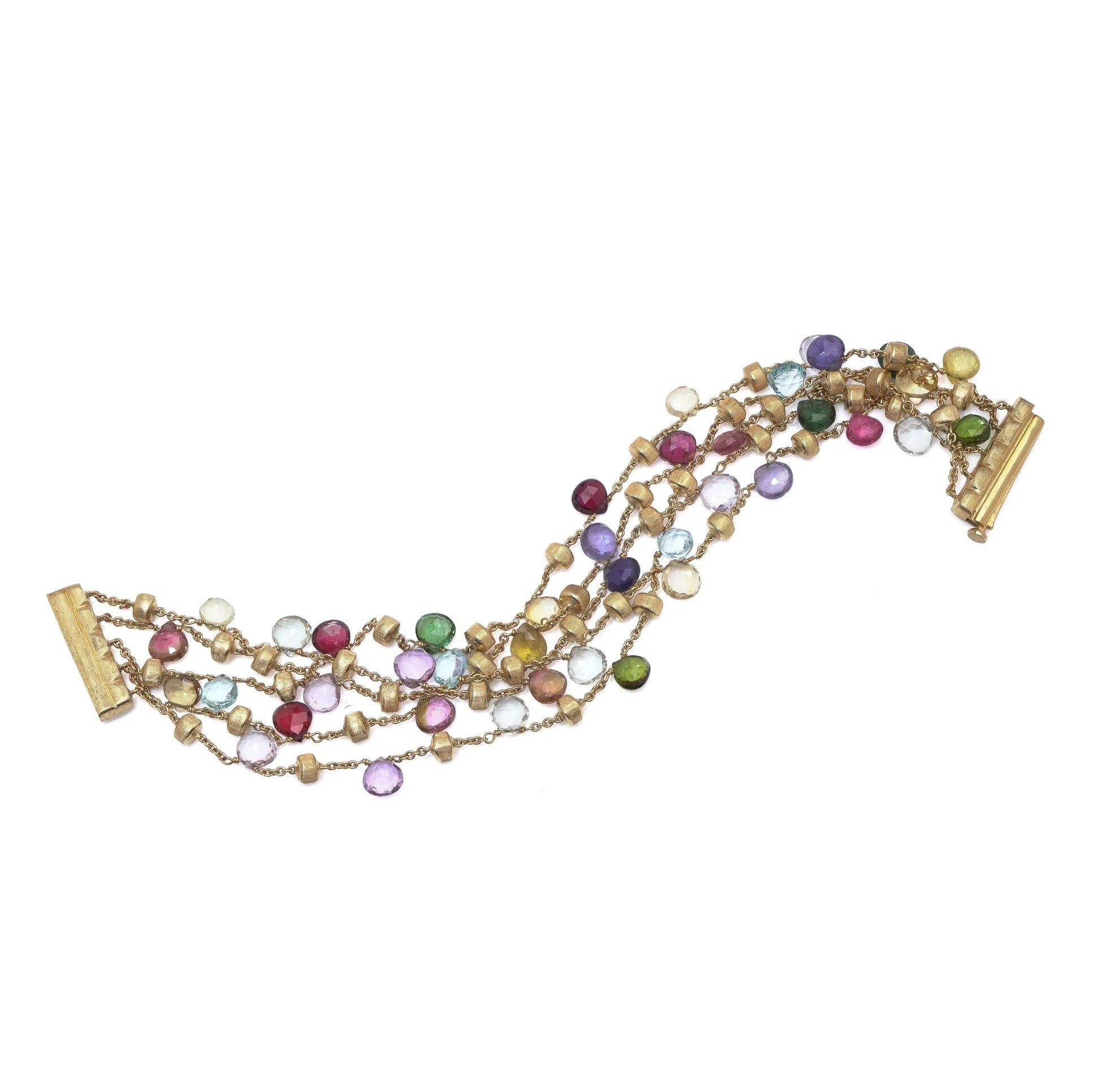 A yellow gold five row multi-gemstone bracelet