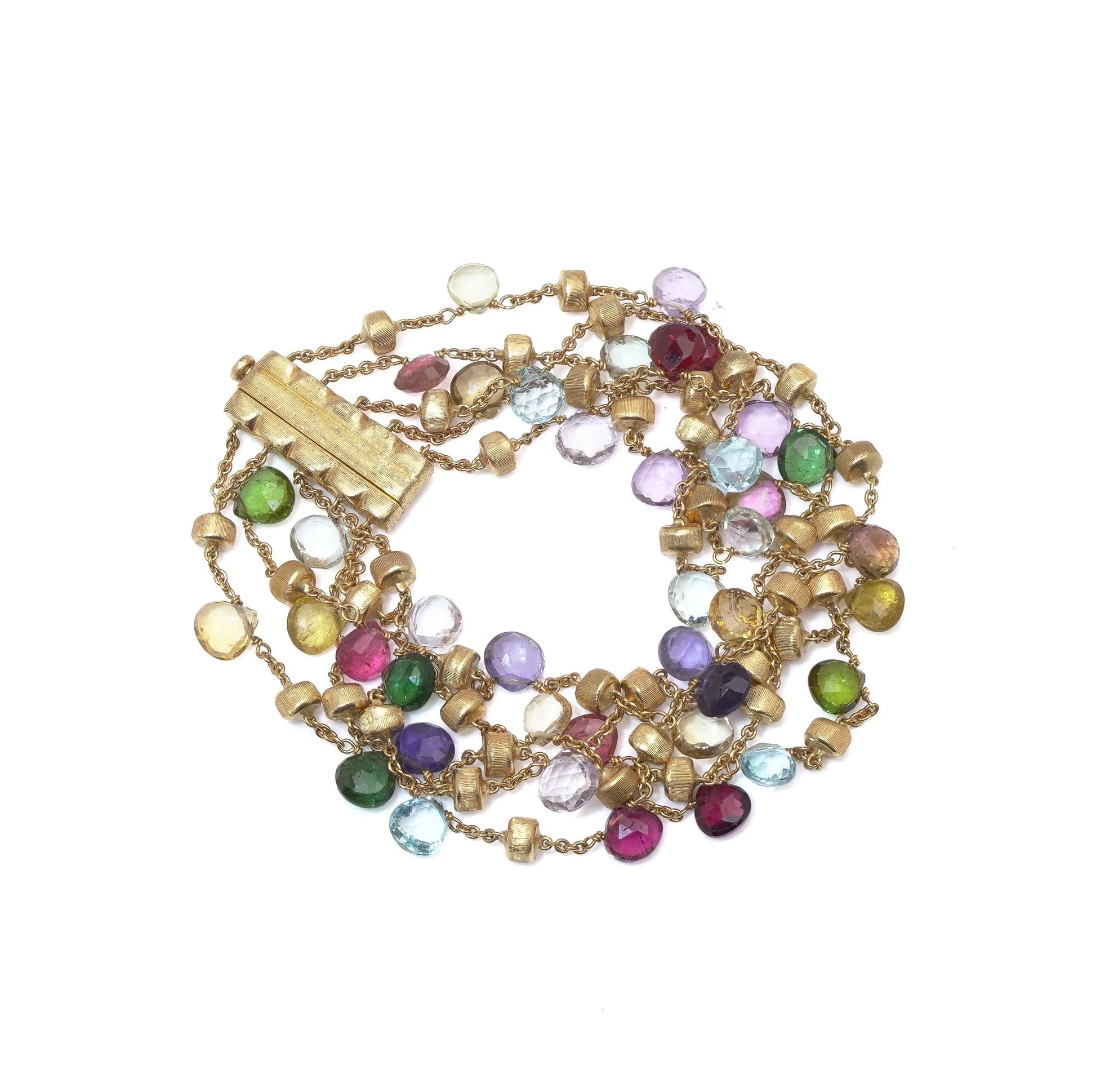 A yellow gold five row multi-gemstone bracelet