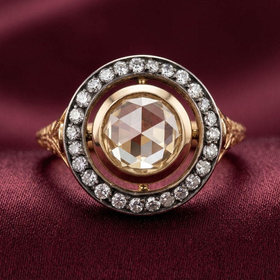 Antique Victorian 1ct Rose Cut Diamond Halo Cluster Target Engagement Ring