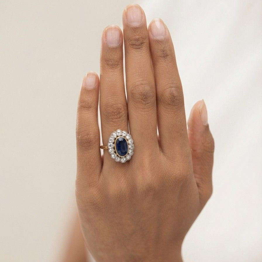 Late Victorian Antique 4.18ct Natural No Heat Ceylon Sapphire and Old Diamond Cluster Engagement Ring
