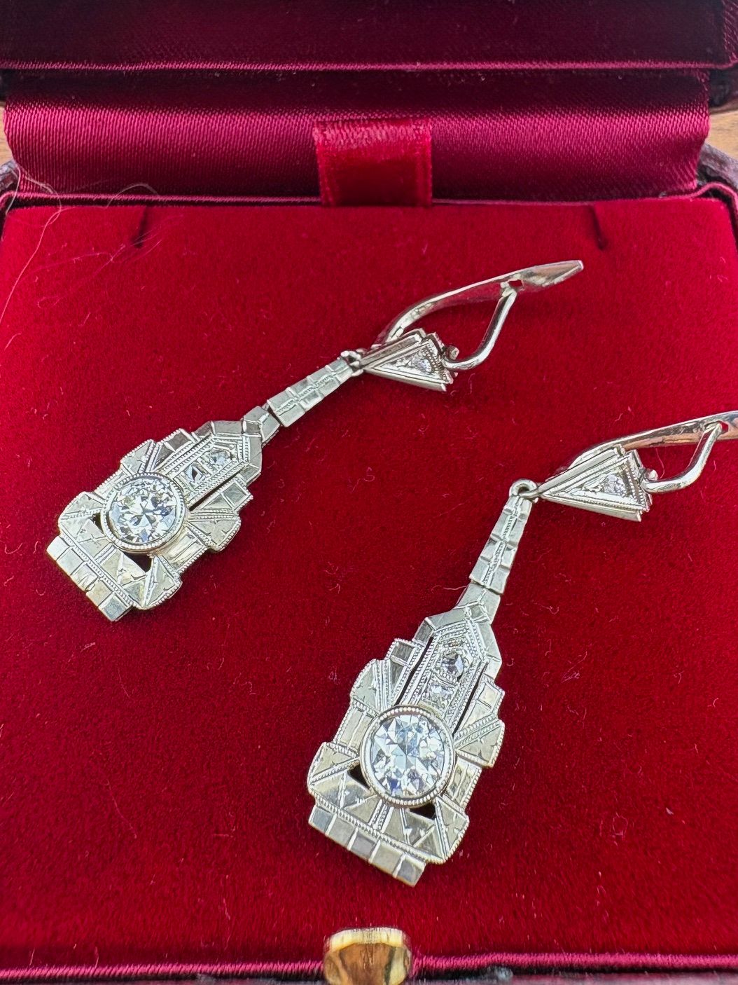 Art Deco 18K White Gold .92 Ct Diamond Drop Earrings, Italian 1925