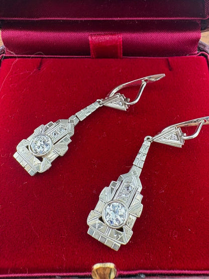 Art Deco 18K White Gold .92 Ct Diamond Drop Earrings, Italian 1925